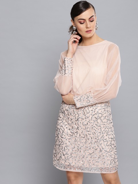 

STREET 9 Women Peach-Coloured Sequinned Detail Net Sheath Dress