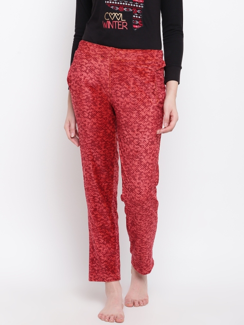 

Sweet Dreams Women Rust Red Printed Velvet Finish Lounge Pants