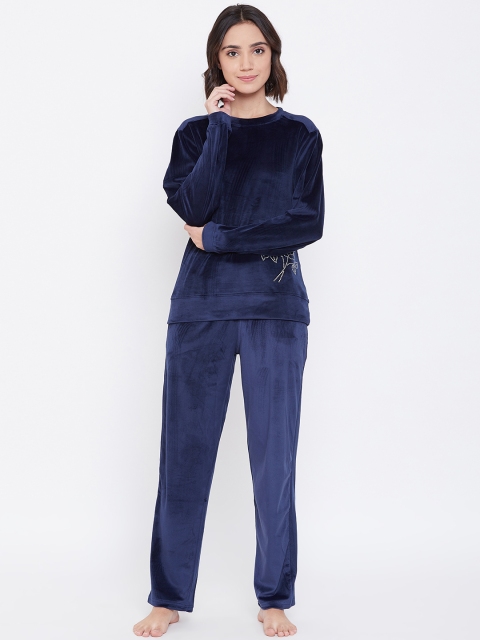 

Sweet Dreams Women Navy Blue Solid Velvet Finish Night Suit