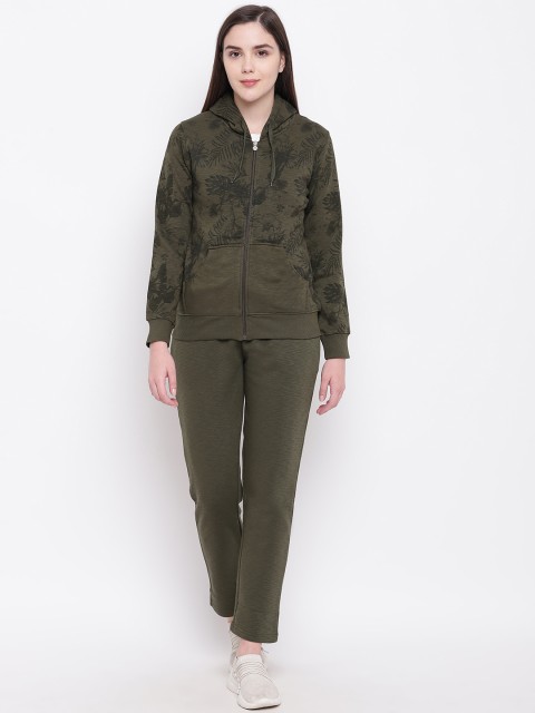 

Sweet Dreams Women Olive Green Printed Hooded Tracksuit
