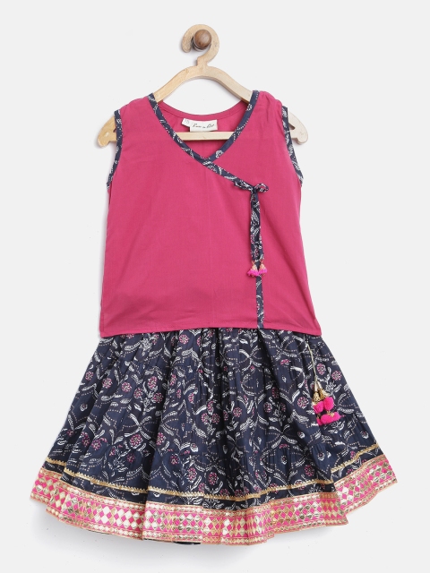 

BownBee Navy Blue & Pink Ready to Wear Sanganeri Print Lehenga with Solid Blouse