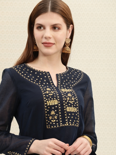 

House of Pataudi Women Navy Blue & Golden Yoke Design Straight Kurta