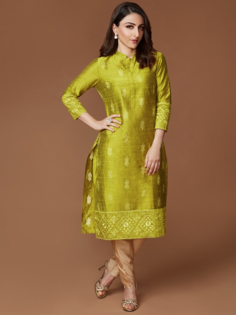 

House of Pataudi Women Lime Green Embroidered Straight Kurta