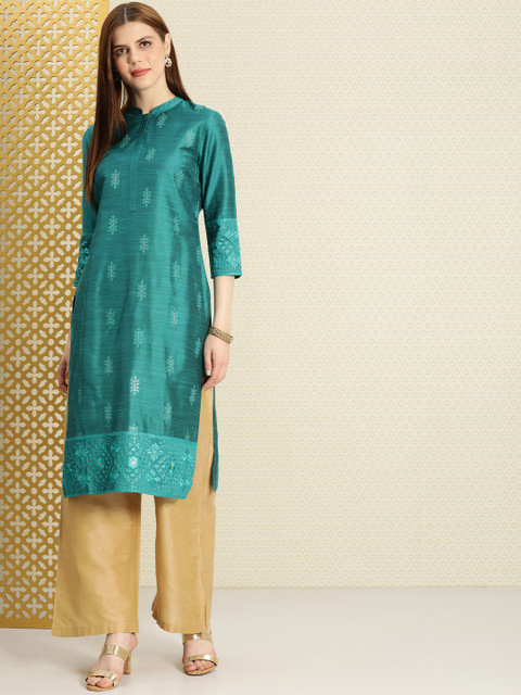 

House of Pataudi Women Teal Blue Embroidered Straight Kurta