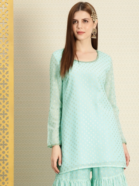 

House of Pataudi Women Turquoise Blue Foil Print Straight Kurta