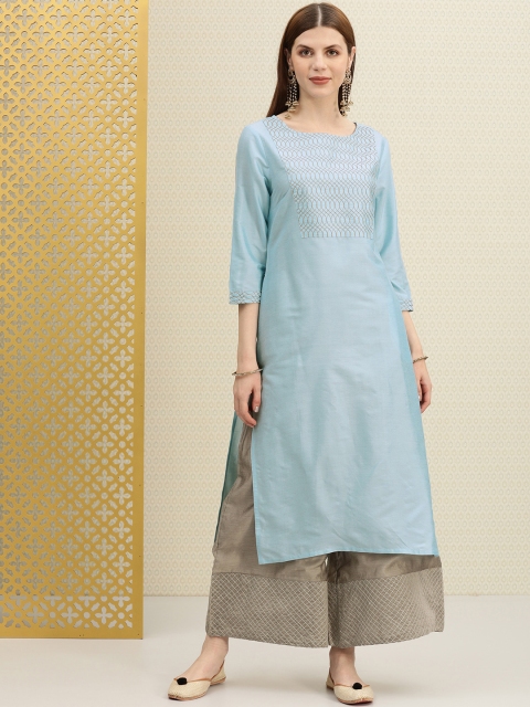 

House of Pataudi Women Blue Solid Embroidered Straight Kurta