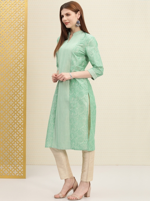 

House of Pataudi Women Green Printed Straight Pleated Kurta