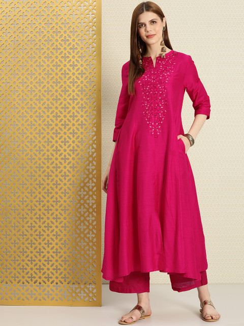 

House of Pataudi Women Pink Embroidered A-Line Kurta