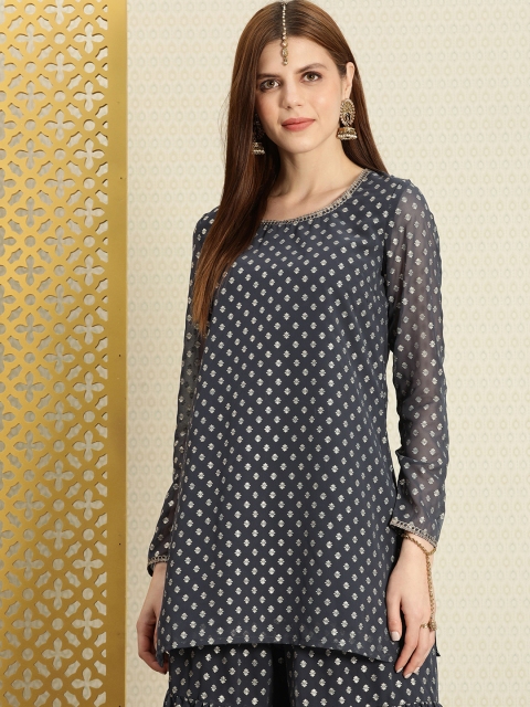 

House of Pataudi Women Grey Foil Printed Straight Kurta