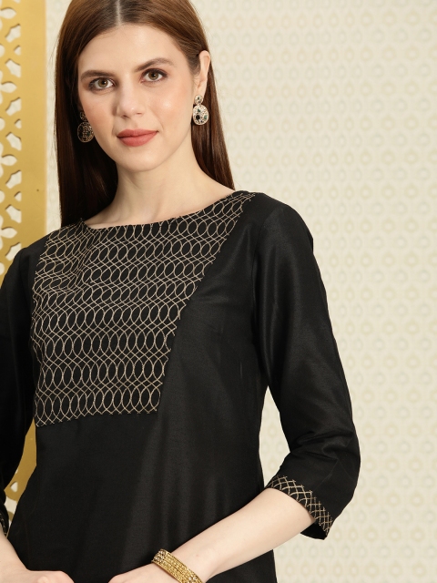 

House of Pataudi Women Black Embroidered Straight Kurta