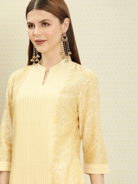 

House of Pataudi Women Beige Printed Straight Kurta With Pleated Detail