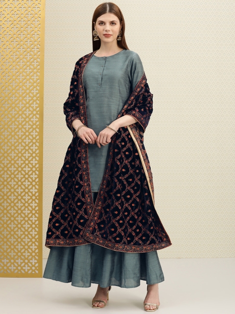 

House of Pataudi Women Teal Blue Solid Kurta with Sharara & Velvet Dupatta