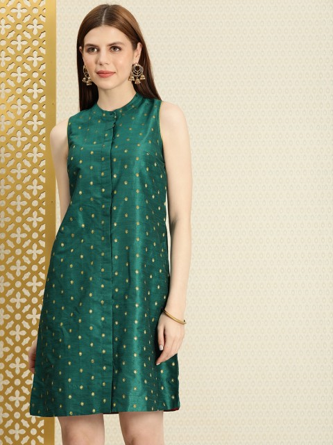 

House of Pataudi Women Teal Green & Gold-Toned Embroidered A-Line Dress With Pockets