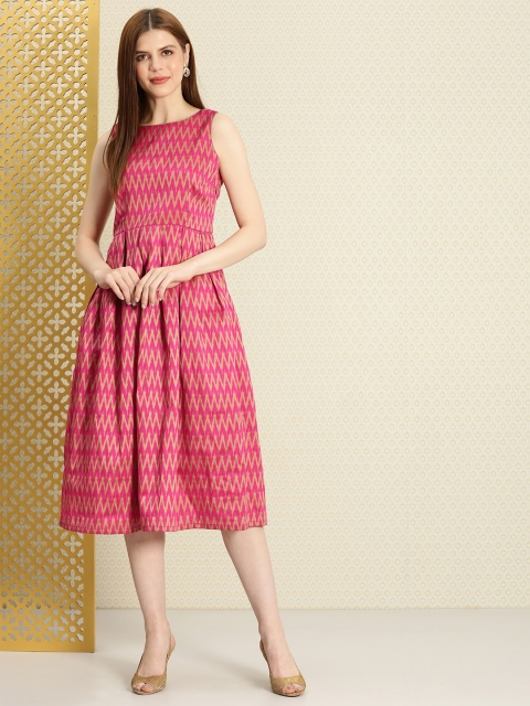 

House of Pataudi Women Pink & Beige Ikat Fit and Flare Dress With a Pocket
