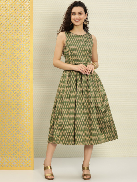 

House of Pataudi Women Olive Green & Beige Ikat Printed Fit and Flare Dress