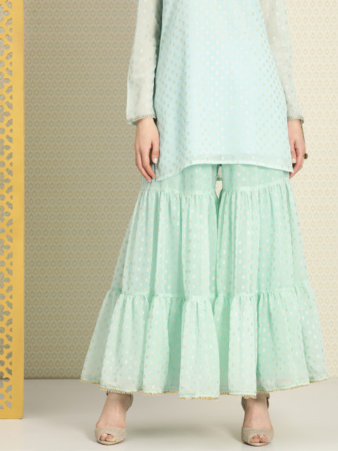 

House of Pataudi Women Turquoise Blue & Gold-Toned Printed Shararas