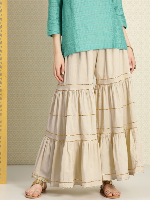 

House of Pataudi Women Beige Solid Flared Tiered Sharara