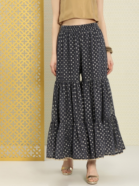 

House of Pataudi Women Grey & Gold-Toned Printed Shararas