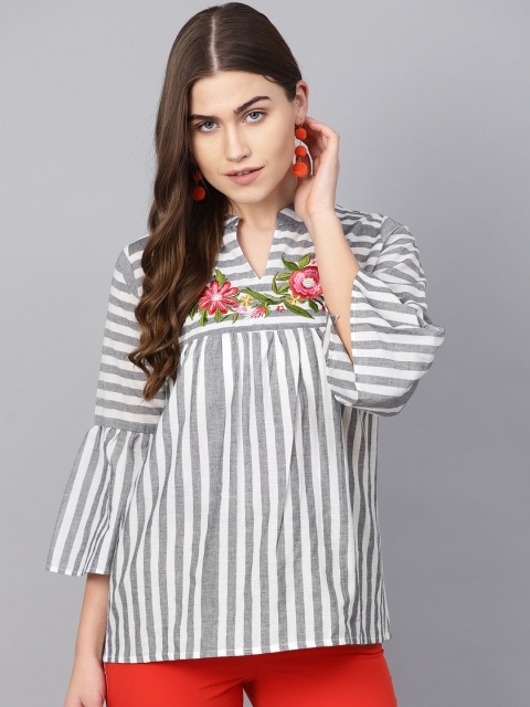 

Bhama Couture Women White & Navy Blue Striped Pure Cotton Top