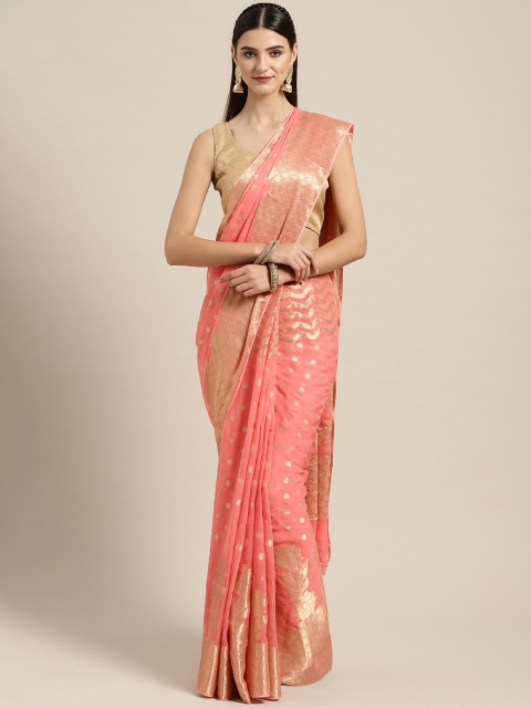 

Geroo Jaipur Peach-Coloured & Golden Zari Woven Design Handcrafted Banarasi Saree