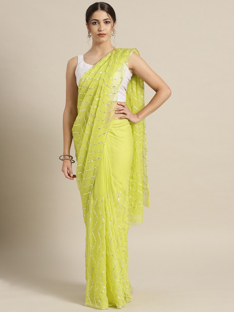 

Geroo Jaipur Lime Green Hand Embellished Gota Chiffon Sustainable Saree