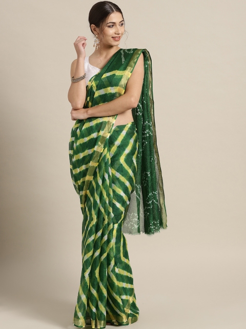 

Geroo Jaipur Green & Yellow Handcrafted & Hand Dyed Leheriya Kota Doria Saree