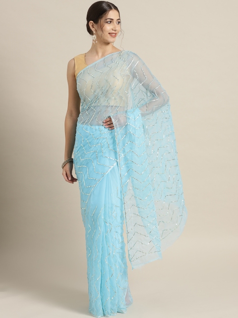 

Geroo Jaipur Blue Hand Embellished Gota Chiffon Sustainable Saree