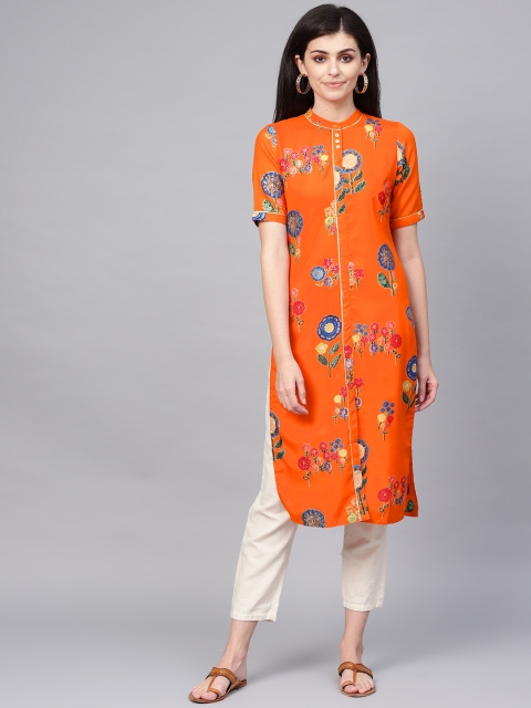 

Jaipur Kurti Women Orange & Blue Floral Printed Straight Kurta