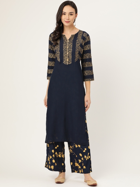 

Jaipur Kurti Women Teal Blue & Golden Yoke Design Kurta with Palazzos