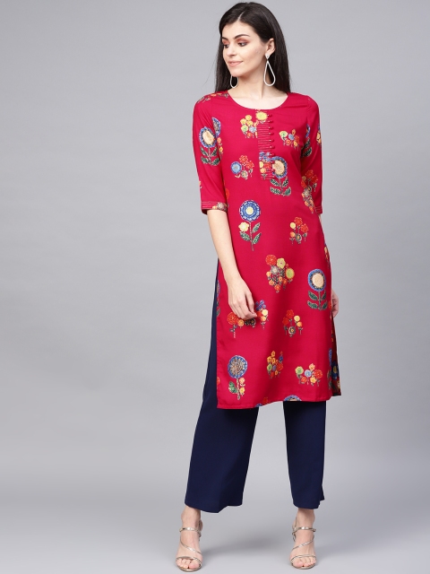 

Jaipur Kurti Women Magenta & Blue Floral Printed Straight Kurta