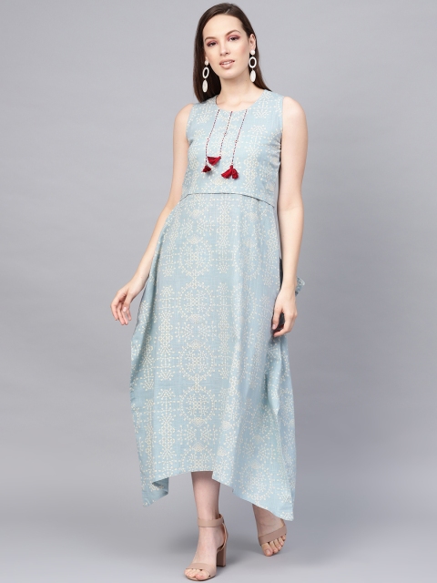 

Jaipur Kurti Women Blue & Cream-Coloured Printed A-Line Dress