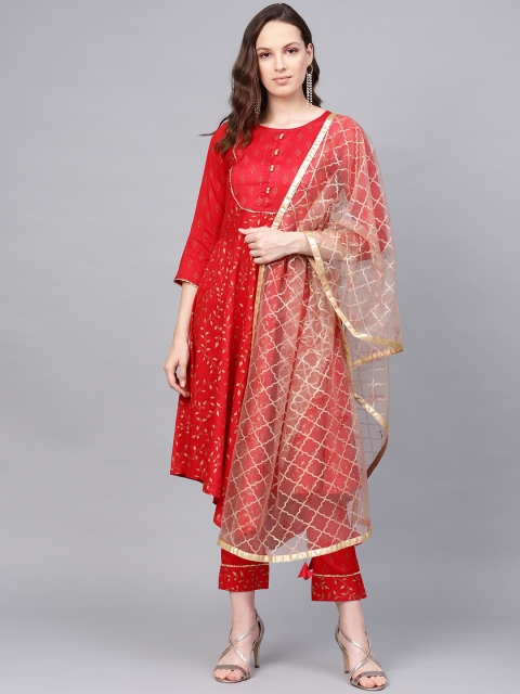 

Jaipur Kurti Women Red & Golden Printed Kurta with Trousers & Dupatta