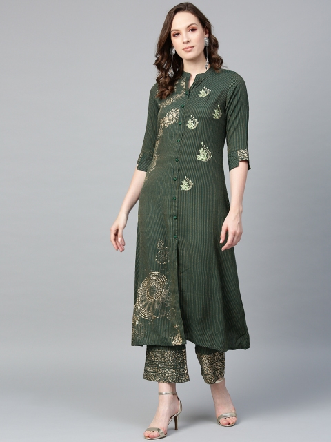 

Jaipur Kurti Women Green & Beige Printed Kurta with Trousers