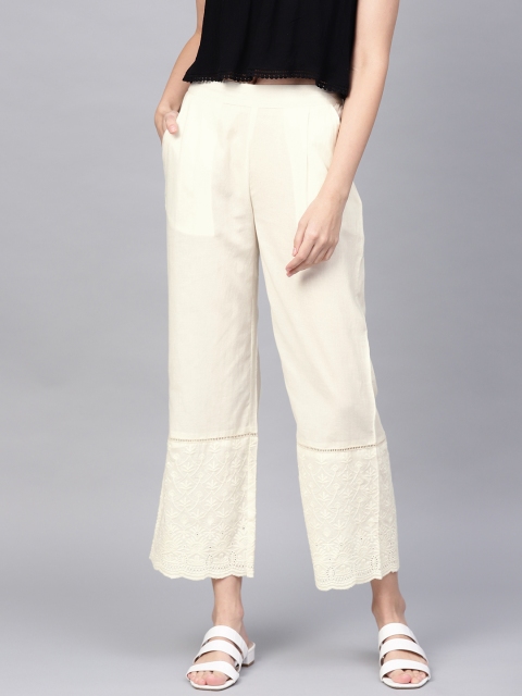 

Jaipur Kurti Women Off-White Hem Design Straight Palazzos