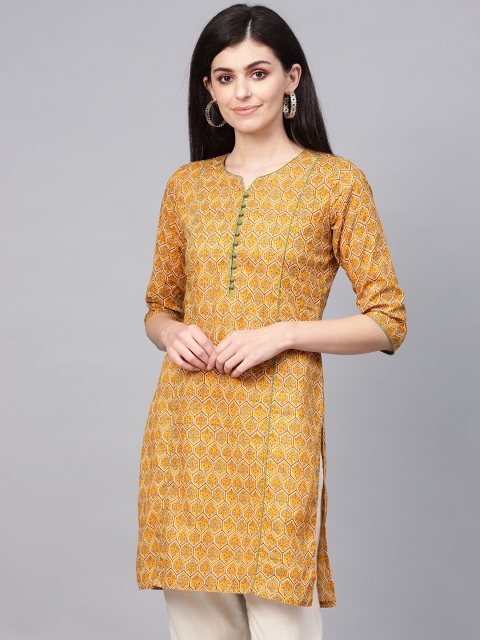 

Jaipur Kurti Women Mustard Yellow & Grey Printed Straight Kurta