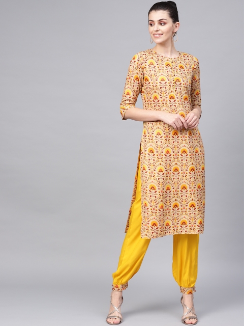 

Jaipur Kurti Women Beige & Yellow Printed Kurta with Salwar