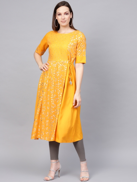 

Jaipur Kurti Women Yellow & Silver Foil Print Angrakha A-Line Kurta