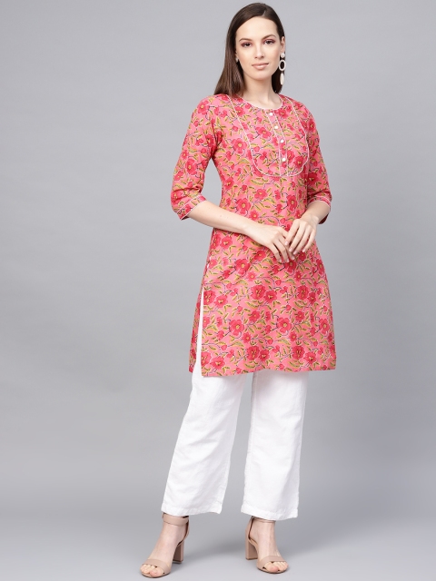 

Jaipur Kurti Women Pink & Mustard Yellow Floral Printed Straight Kurta
