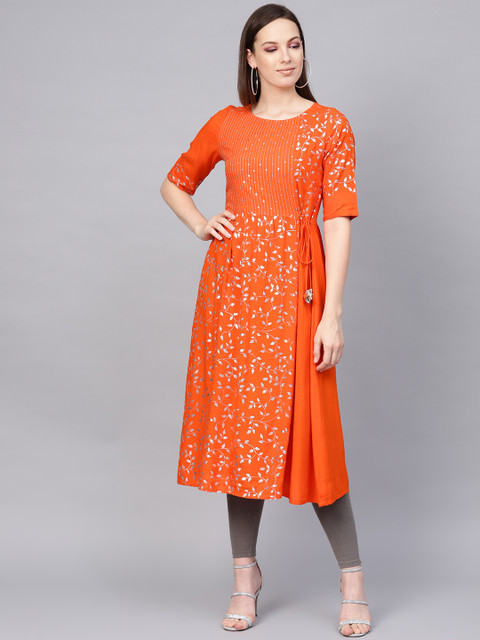 

Jaipur Kurti Women Orange & Silver Floral Foil Print Angrakha A-Line Kurta