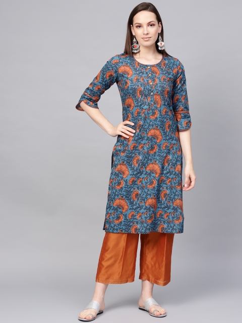 

Jaipur Kurti Women Navy Blue & Rust Orange Floral Printed Straight Kurta