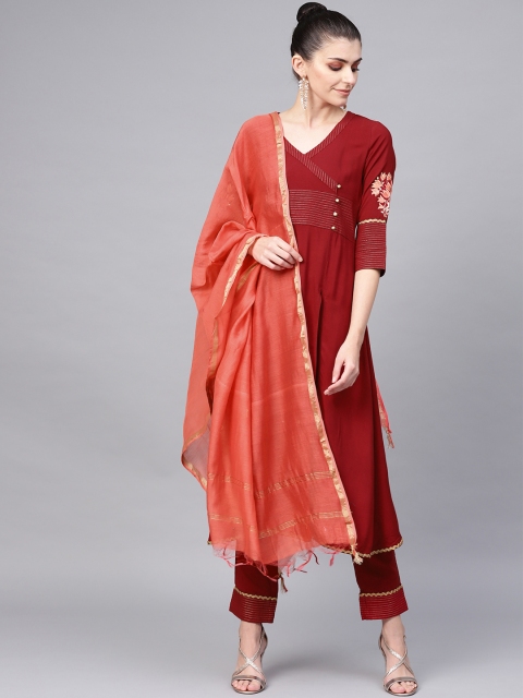 

Jaipur Kurti Women Maroon & Coral Pink Zari Detail Kurta with Trousers & Dupatta