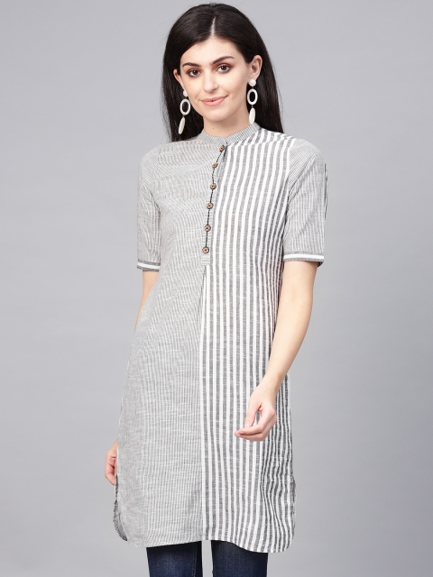 

Jaipur Kurti Women Charcoal Grey & White Striped Handloom Straight Kurta