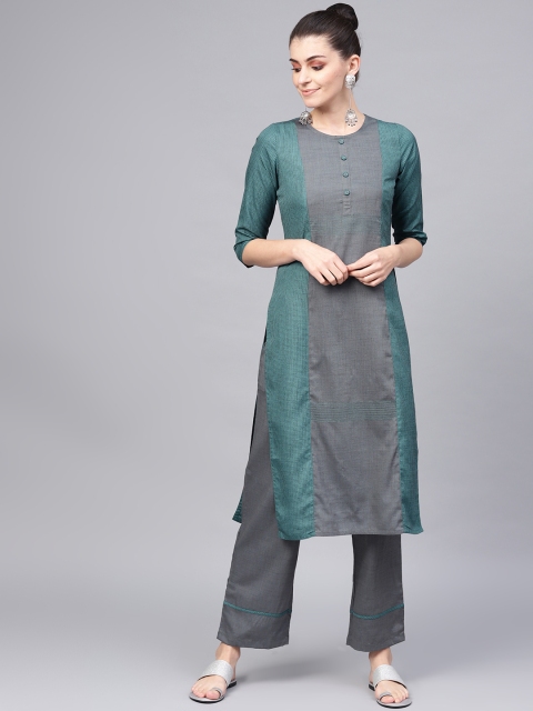 

Jaipur Kurti Women Teal Blue & Charcoal Grey Colourblocked Kurta with Palazzos