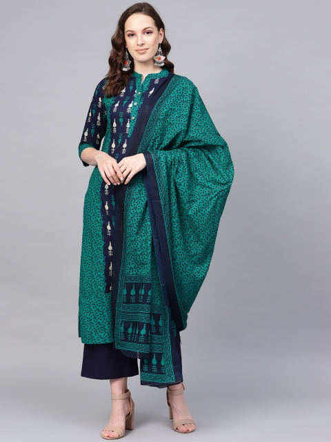 

Jaipur Kurti Women Green & Navy Blue Printed Kurta with Palazzos & Dupatta