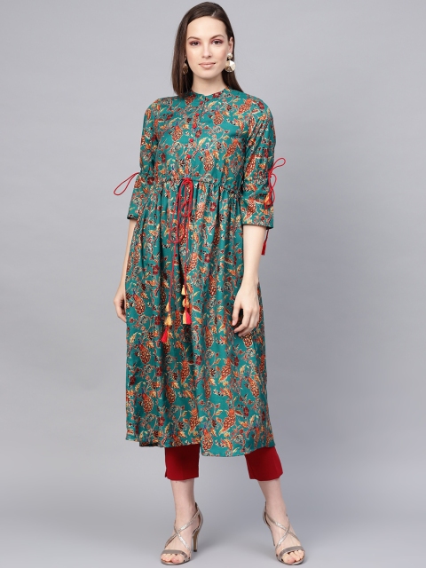 

Jaipur Kurti Women Green & Orange Printed A-Line Kurta