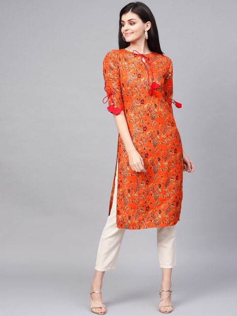 

Jaipur Kurti Women Orange & Golden Printed Straight Kurta