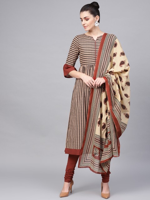 

Jaipur Kurti Women Maroon & Beige Striped Kurta with Churidar & Dupatta