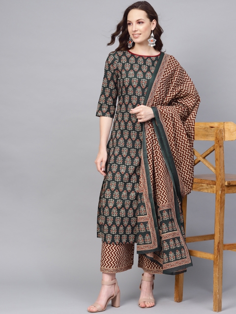 

Jaipur Kurti Women Green & Off-White Printed Kurta with Palazzos & Dupatta