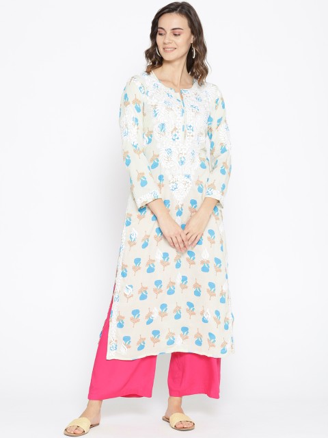 

ADA Women Beige & Blue Printed Chikankari Hand-Embroidered Straight Kurta