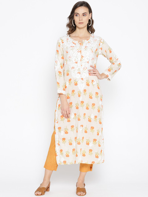 

ADA Women Beige & Orange Printed Chikankari Hand Embroidered Straight Kurta